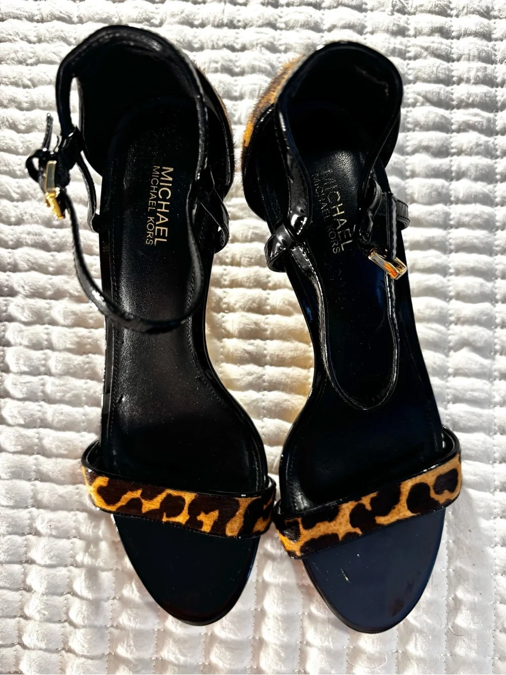 MICHAEL Michael Kors Black Leather Heels with Leopard Print Strap